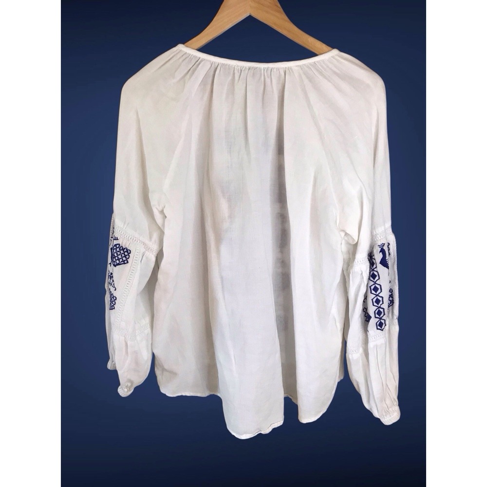 World Market Blue White Peacock Boho Embroidered Peasant Blouse Top Sz L/XL - Picture 4 of 5